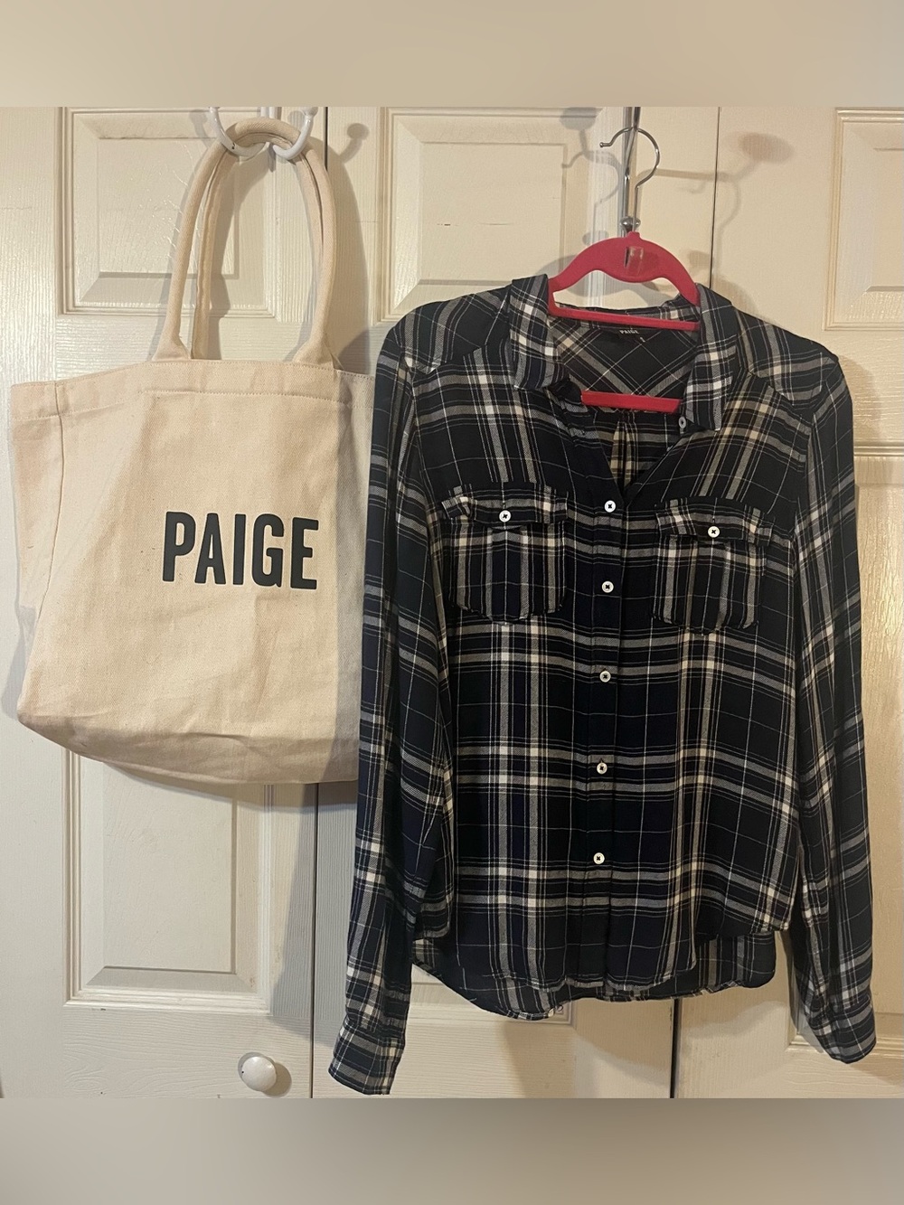 PAIGE Mya Plaid Check Button Up Shirt (S) & Large Canvas Tote With Zip Pocket